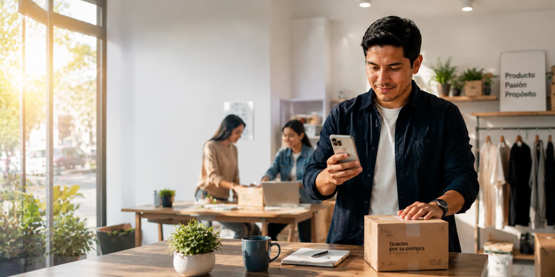 Emprendedor usando una presencia online profesional para conseguir más clientes